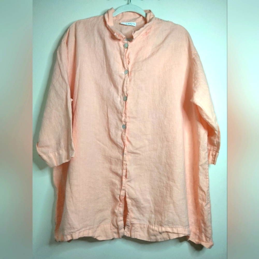 Bryn Walker (Size L) Apricot/Peach 100% Linen Button Down Front 3/4 Sleeve Shirt